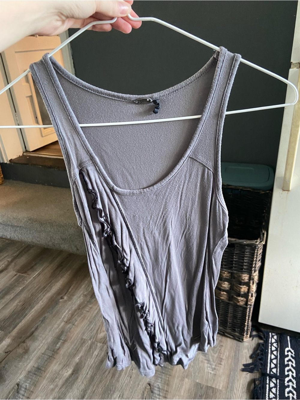 Anthropologie Gray Ruffle-Trim Scoop Neck Tank